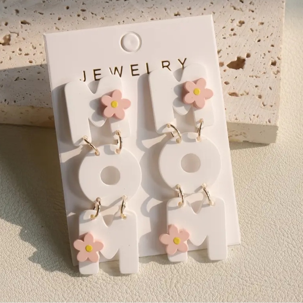 White and Pink MOM Earrings